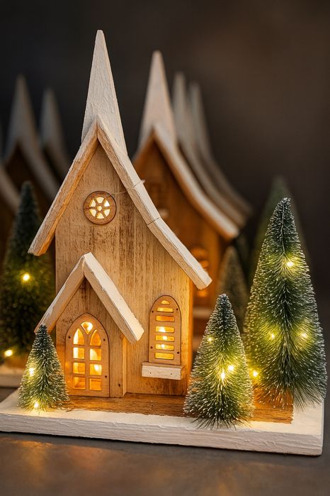 Decoratiune de Crăciun – Căsuță din lemn cu lumini LED, stil premium