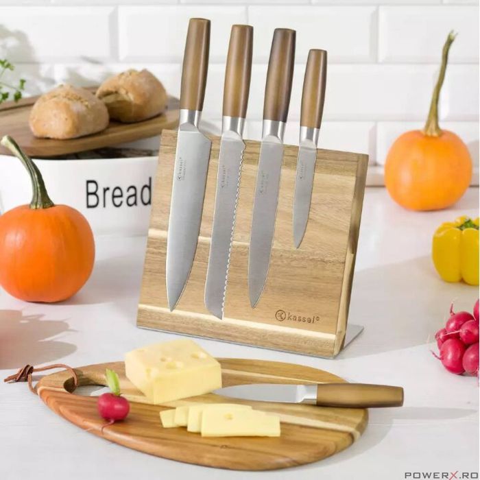 Set cutite din oțel inoxidabil, 6 piese, suport lemn cu placa