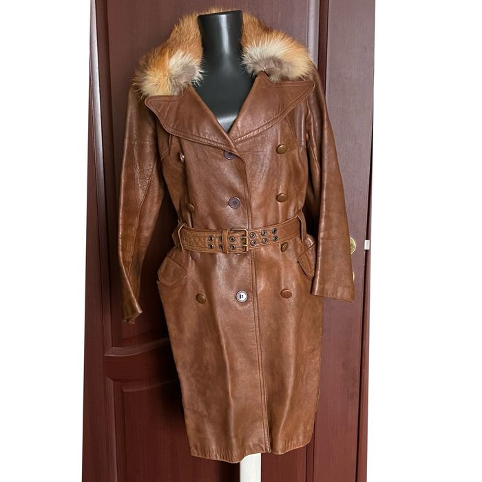 Trench de piele maro cu guler - designer