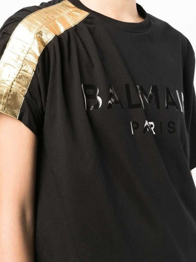 BALMAIN Gold Metallic Sleeve Logo Print Дамска Тениска size XS и S