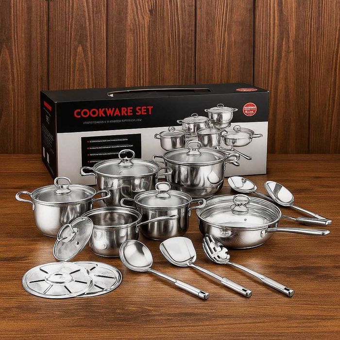 Комплект съдове и прибори за готвене от неръждаема стомана - 18 части