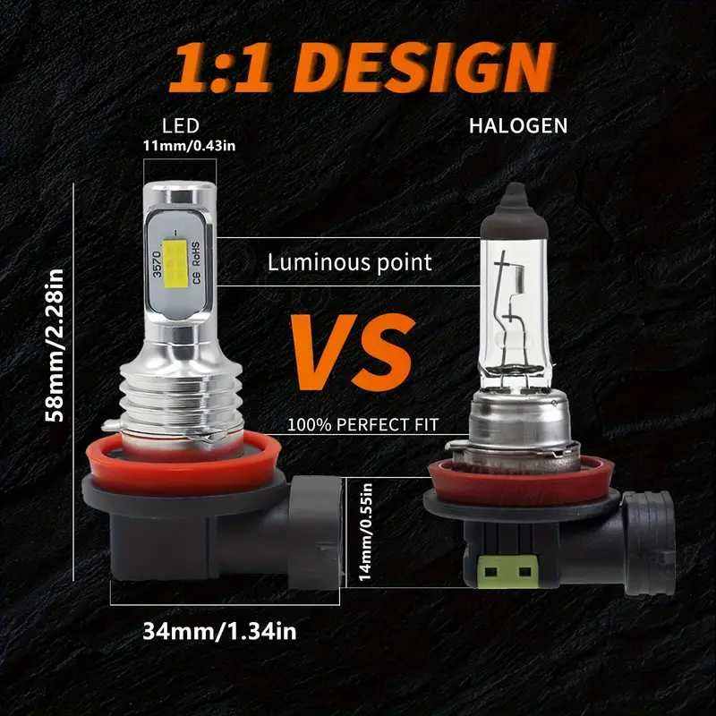 2 БРОЯ Жълти Диодни крушки H11 H8 100W 12V +100% повече светлина