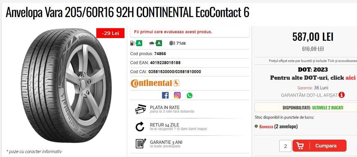Anvelope noi 205/60R16 92H CONTINENTAL EcoContact 6