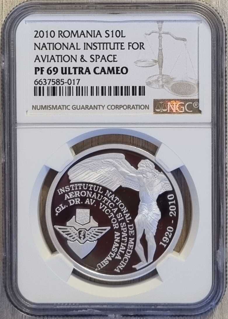 Moneda BNR 10 lei argint Med Aeronautica Spatiala gradata NGC PF 69