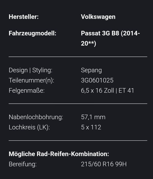 Jante aliaj Sepang VW Passat B8+ anvelope Dunlop iarna 215/60/R16