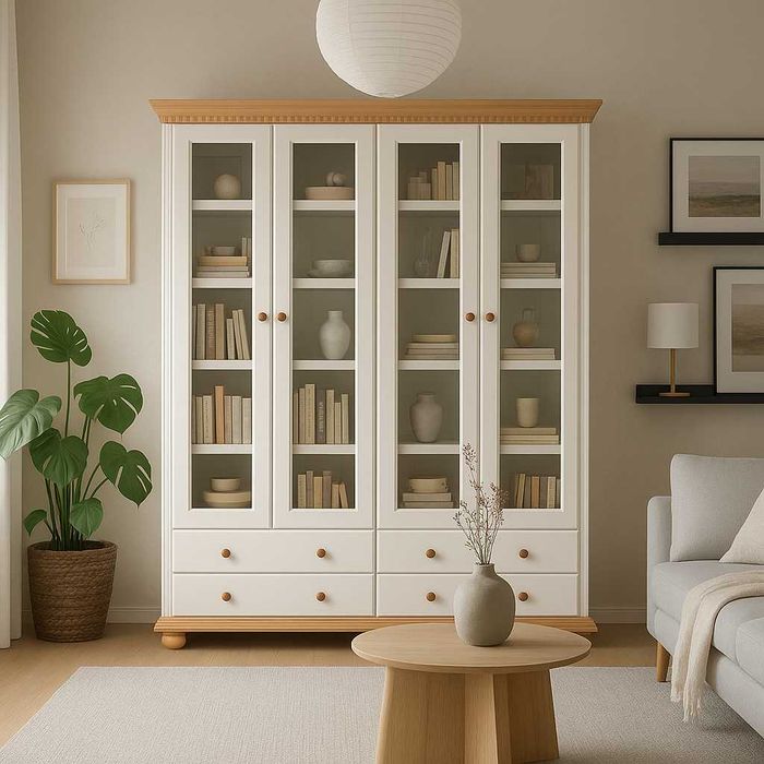 Vitrina biblioteca din lemn masiv Bucovina, dubla, usi cu sticla