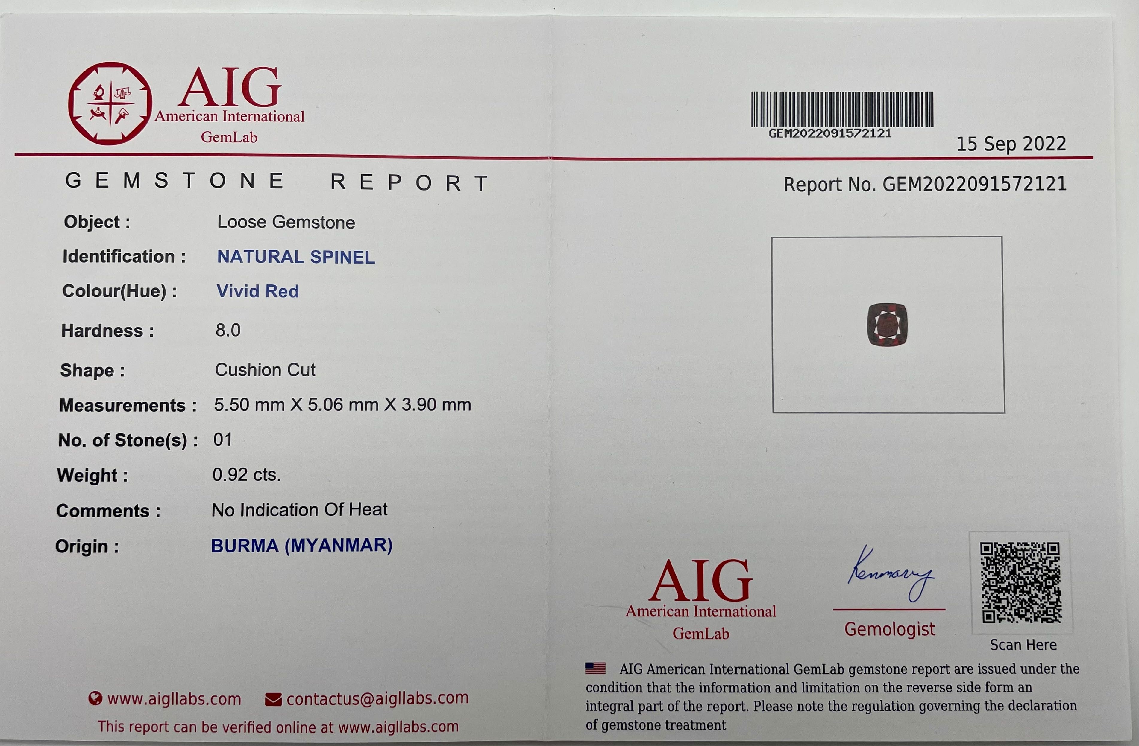 Бирмански шпинел 0.92ct. “Ярко червено” - AIG Сертификат