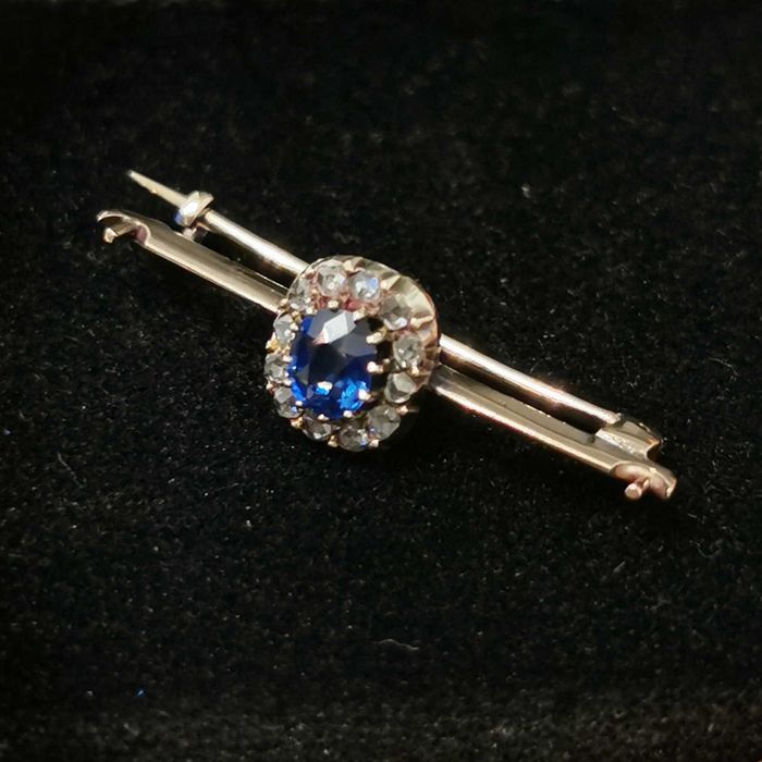 Broșă vintage aur cu safir natural și diamante + Certificat gemologic