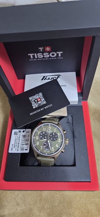 Ceas cronograf TISSOT cu o curea de piele, Auriu, VERDE INCHIS