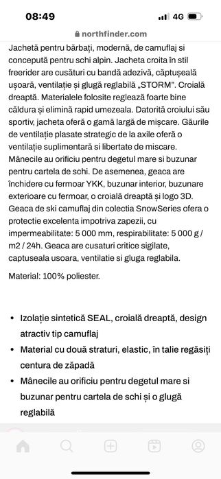 Geaca schi Nortfinder izolație SEAL 2L 5K/5K CAMPOO 38002SNW mărime S