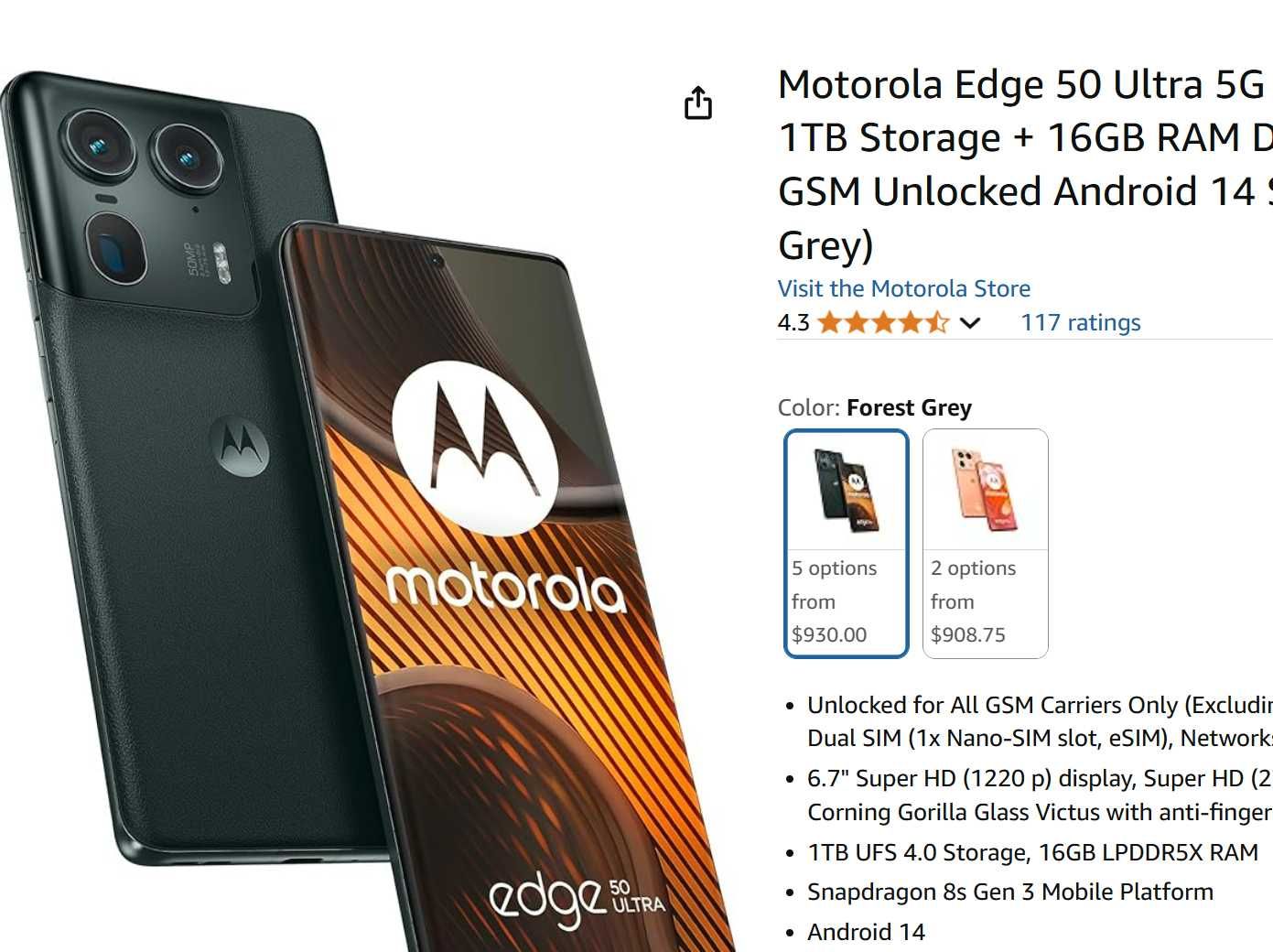 1TB МОЩЬ Смартфон Motorola Edge 50 Ultra 5G, 2-SIM, Snapdragon 8s Gen3