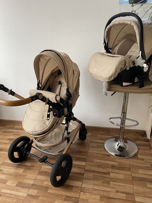 Cărucior 3 in 1, suspenie dinamica pe roata si cadru, Bej