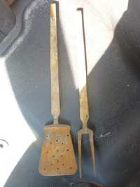 Lingura furculița alama veche  antichitate