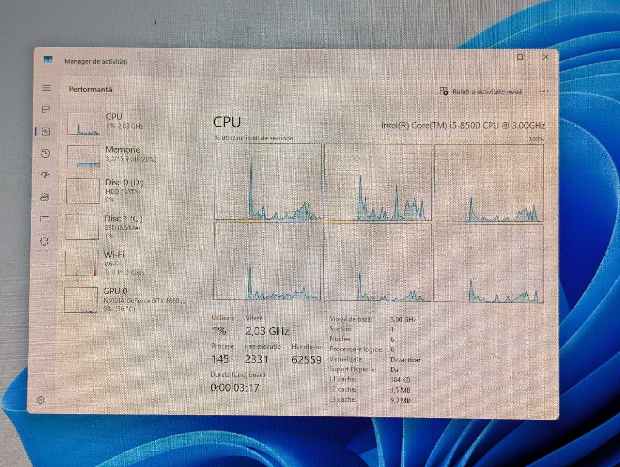 Sistem PC Gaming cu procesor Intel i5 8500 / GTX 1060, RAM 16 Gb