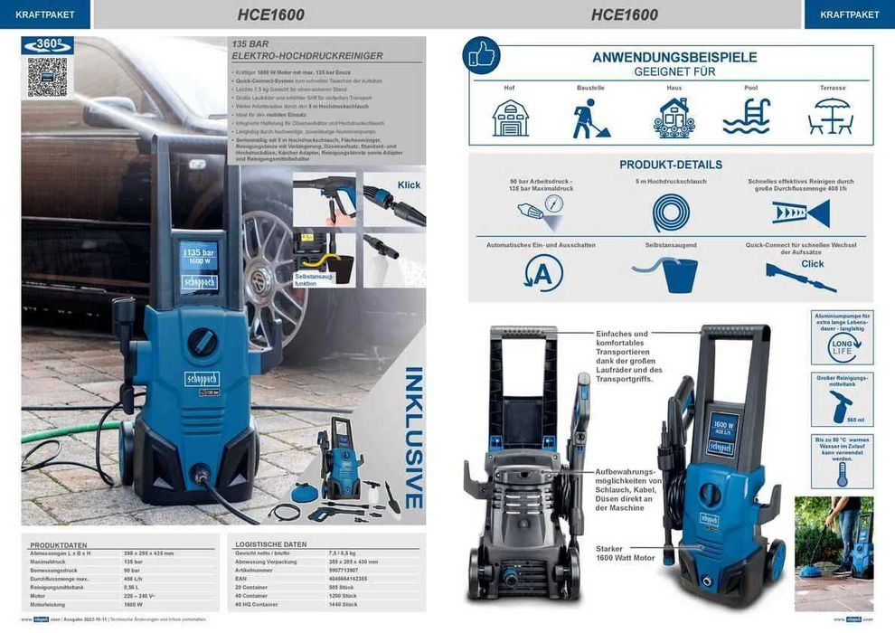 Водоструйка Scheppach HCE1600 1600W 135bar 408 l/h