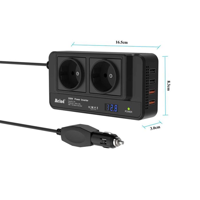 Invertor Auto 200W 12V–220V cu 2 Prize AC 2x USB 2.4A + 2x USB QC 3.0