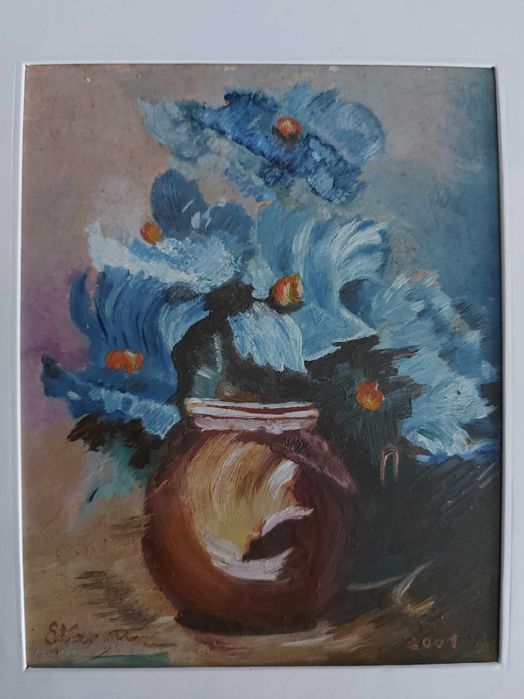 Tablou vechi pictat manual -  Vas cu flori (21x25 cm)