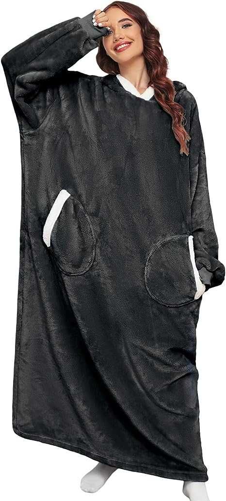 Изключително дългa пижама худи hoodie с качулка - размер L, черен