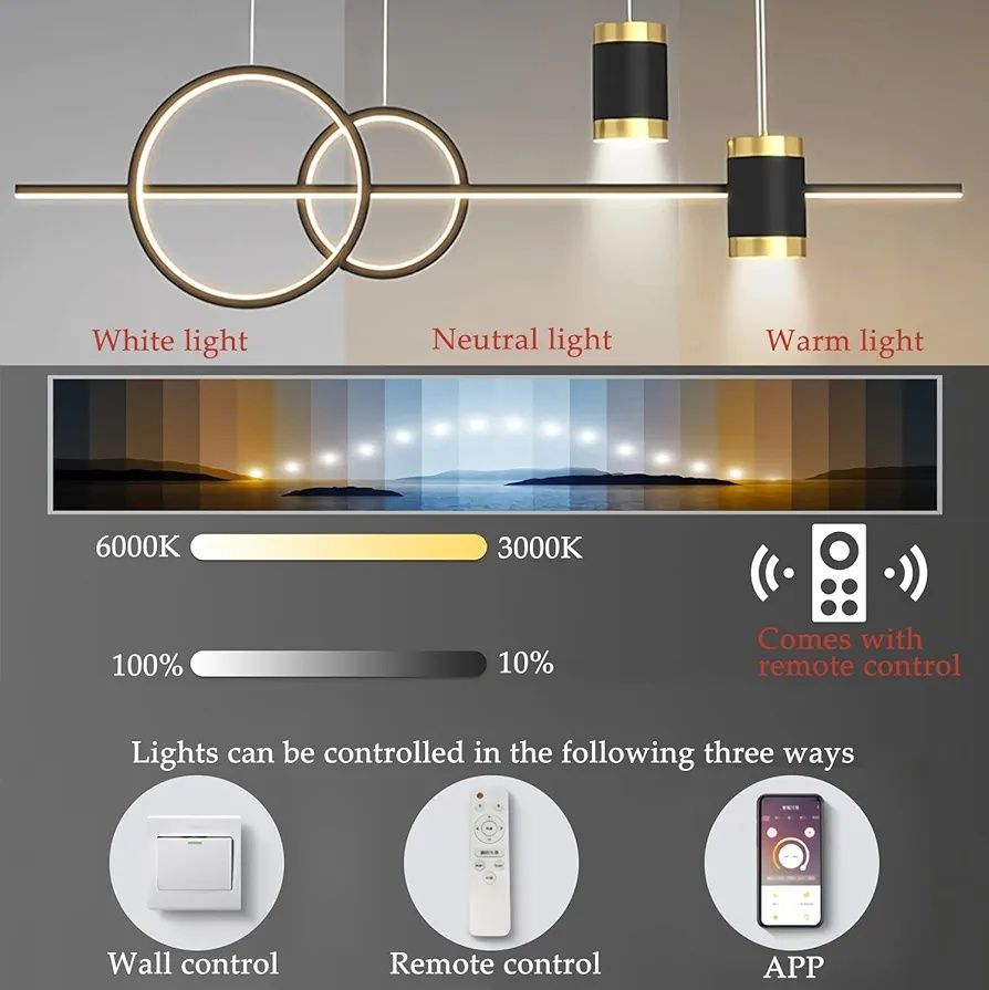 45W Черна лампа трапезария, маса за хранене LED висяща дистанционно
