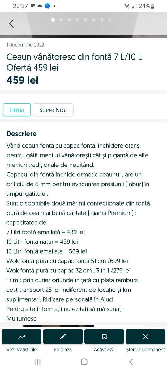 Ceaun fontă vânătoresc cu capac 7 L/ 10 L OFERTĂ  349 lei