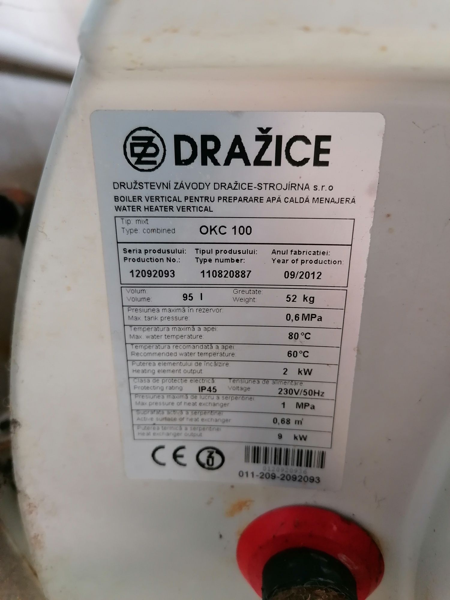 Vând boiler termoelectric Drazice 95 litri