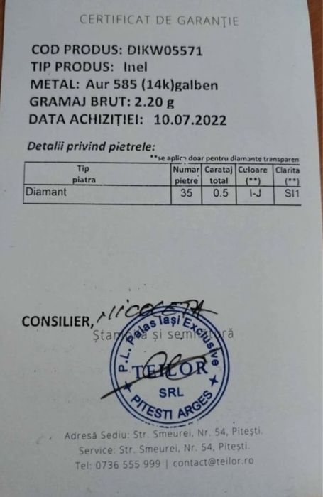 Inel TEILOR aur galben 14K cu diamante de 0.5ct Marimea  52