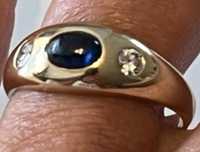 Inel aur 585 cu safir albastru 0,65 ctși doua diamante 0,21ct