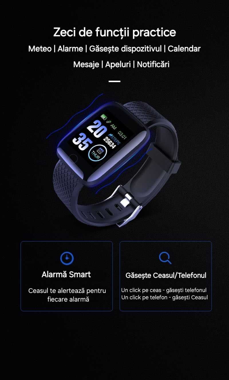 Set smartwatch pătrat+2curele:Mov-Negru.Vezi apeluri/mesaje/notificări