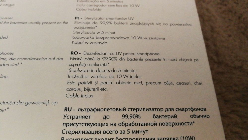 BigBen sterilizator UV smartphone si incarcator wireless alb, NOU