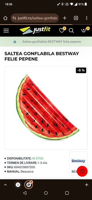 Saltea gonflabila felie pepene - Bestway