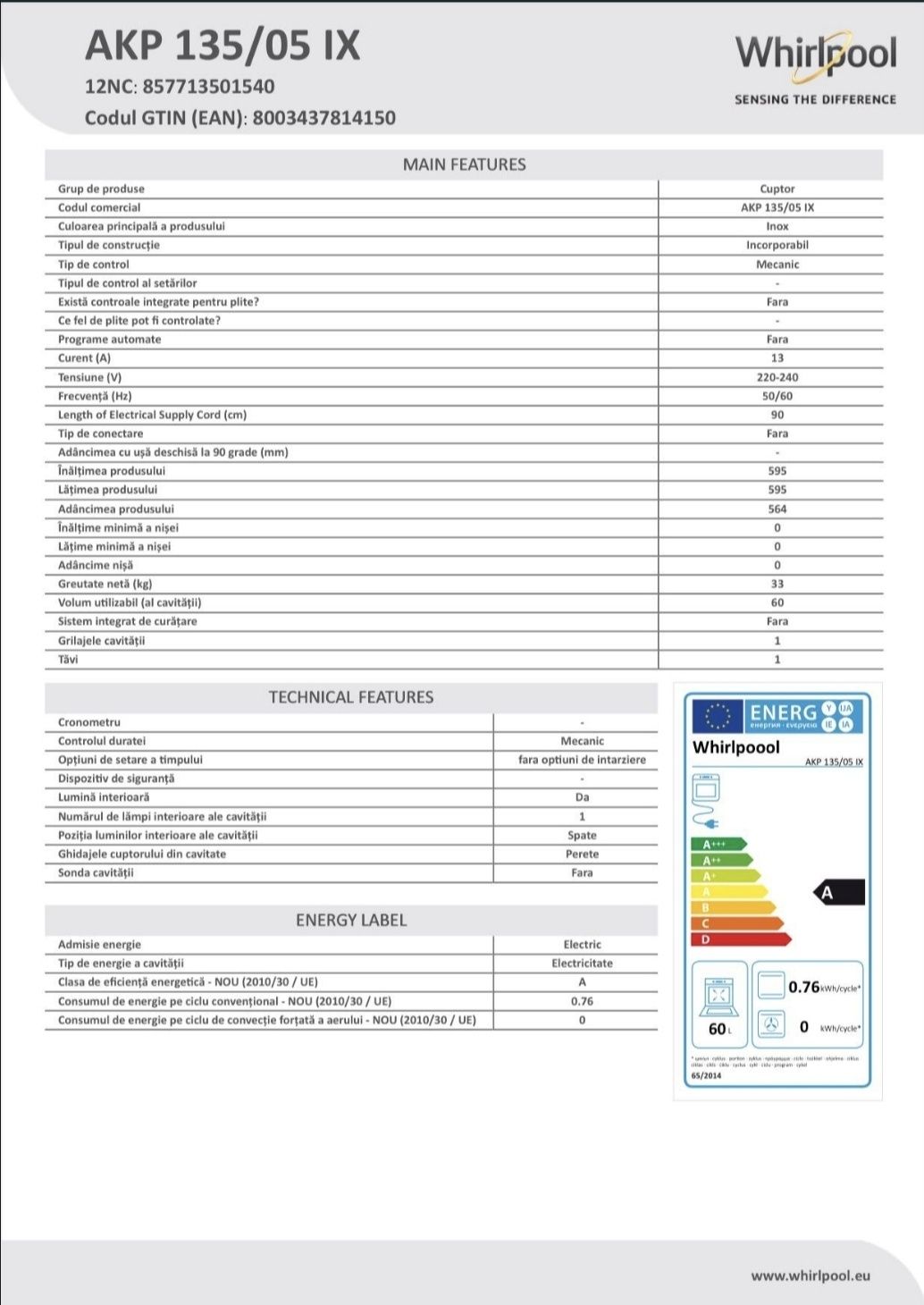 Cuptor electric Wirpool cu incorporabil