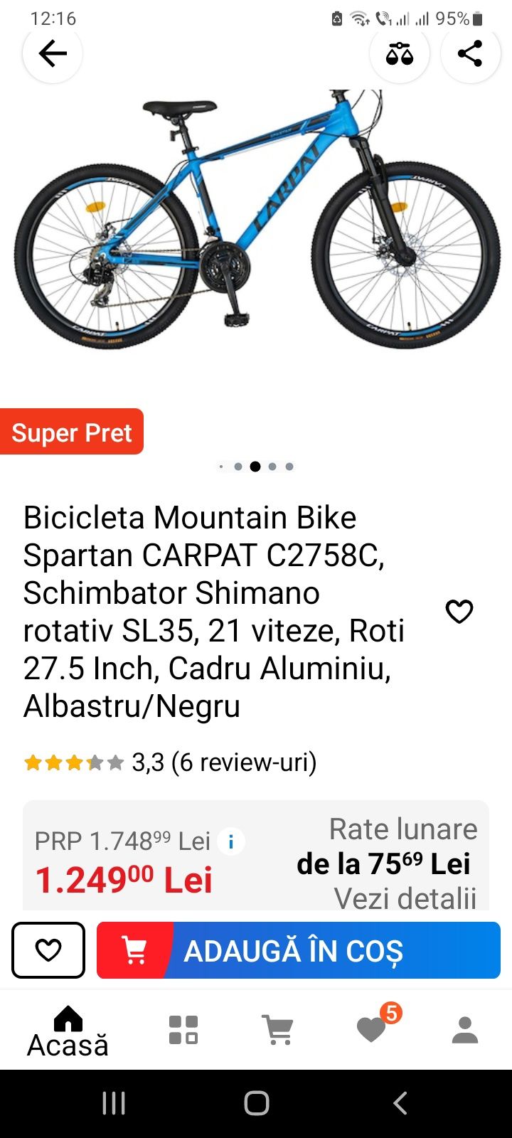 Bicicletă Mountain Bike Spartan Carpat C2758C,Albastru/Negru