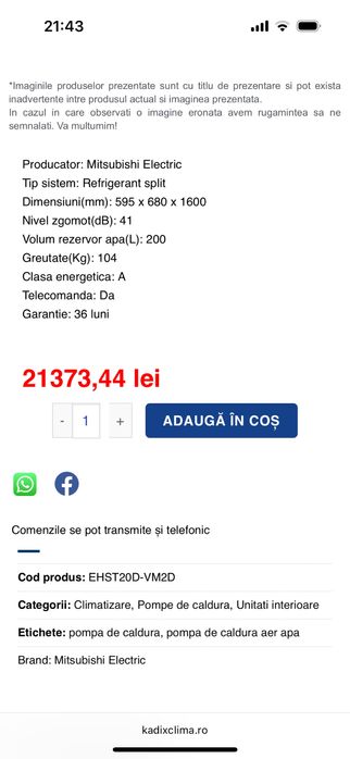 Unitate interna Pompa Caldura Ecodan