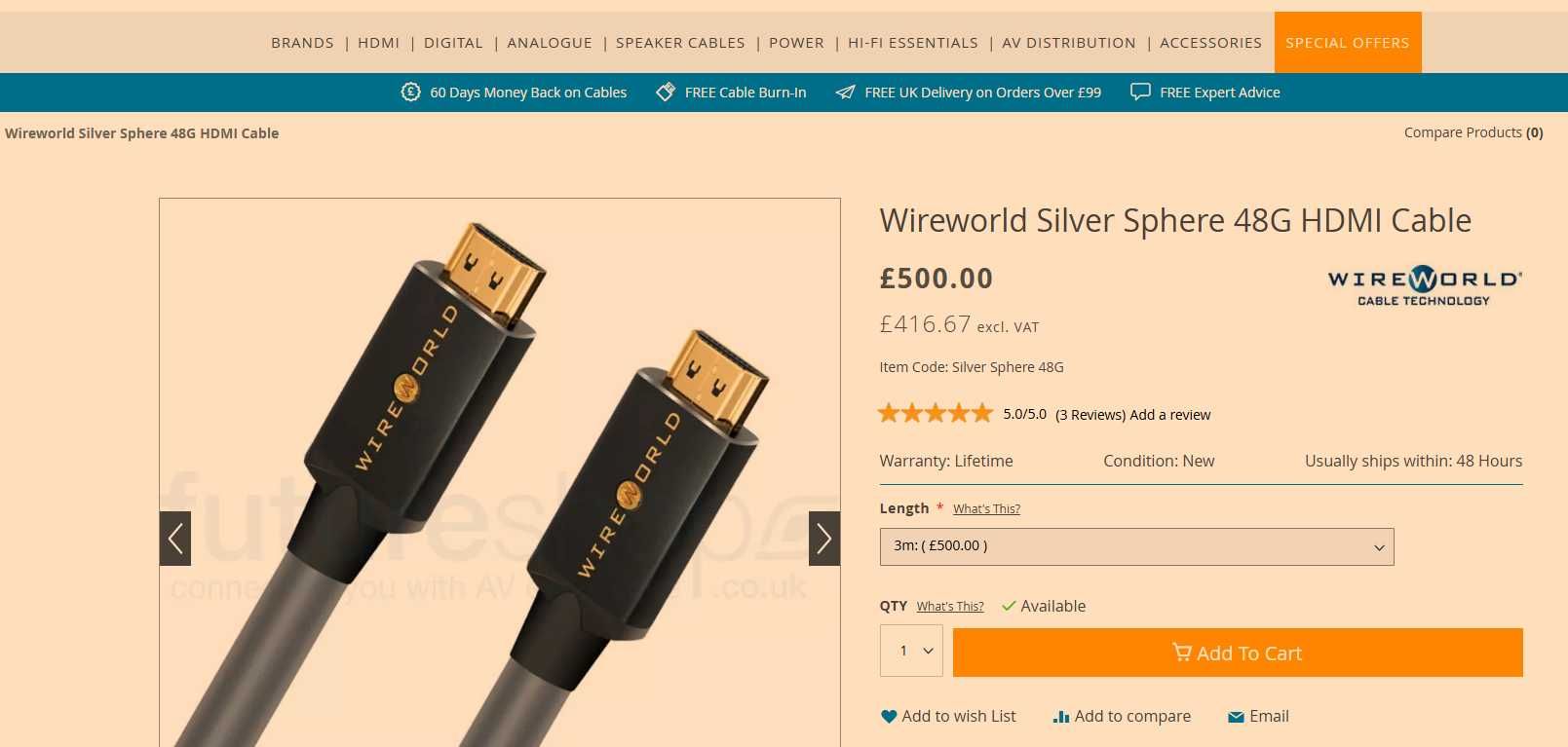 Оригинален Wireworld Silver Sphere HDMI 48G 8К Cable, 3 метра