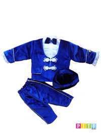 Costum de botez din catifea albastra 3 piese model regal print