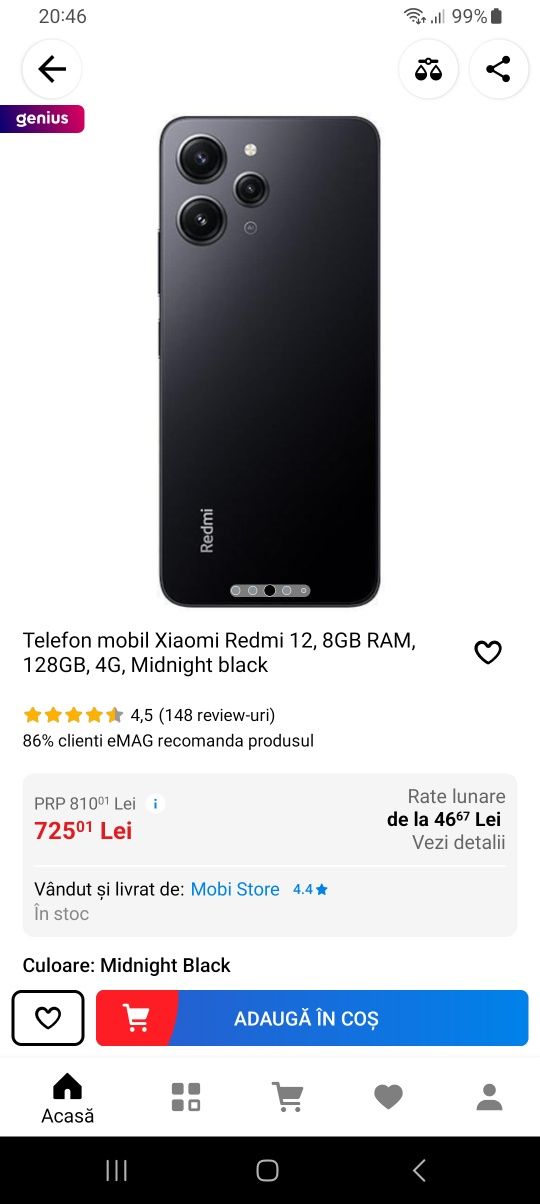 Telefon mobil Xiaomi Redmi 12, 8GB RAM, 128GB, 4G, Midnight black