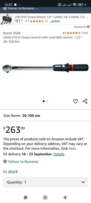 Cheie dinamometrică Usag 810 N 100, 1/2, 20 -100 Nm, Facom