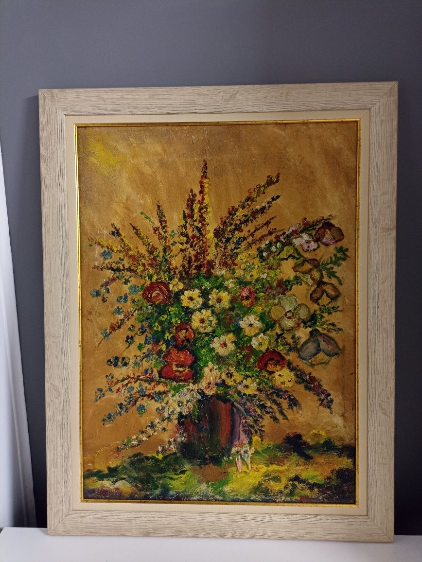 Tablou "Flori de camp", lucrat in ulei cu cutitul pe carton