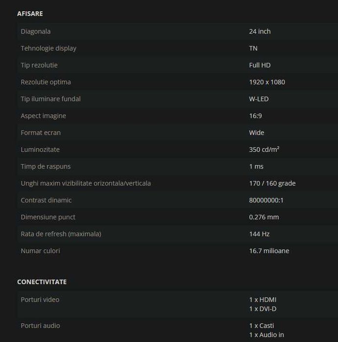 Monitor Gaming ASUS 24" FullHD, 144HZ