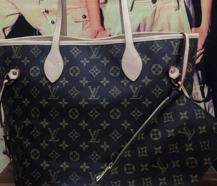 Geanta piele eco Neverfull, portofel simplu atasat, saculet, etichetă