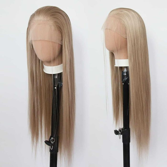 75 см тъмно руса пепелява права перука с дантела лейс фронт 13×4