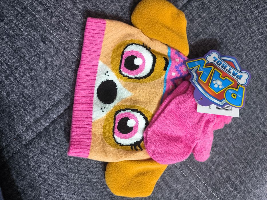 Шапка и варежки на девочку 2-6 лет (щенячи патруль-скай)