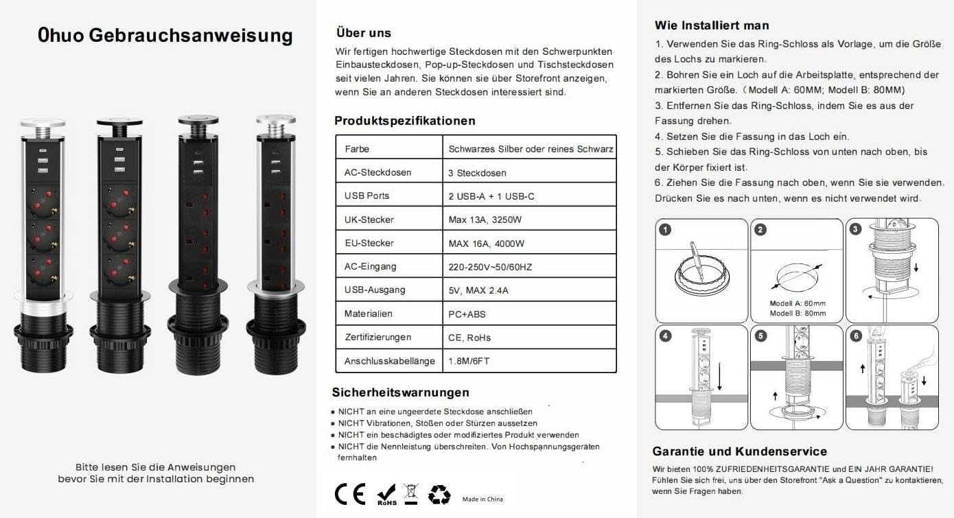 Скриващ се разклонител за бюро или маса с 3 USB, 1,8м кабел