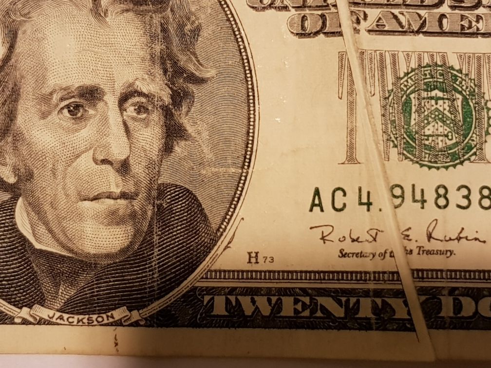 Много рядка 20 доларова банкнота с дефект при отпечатването