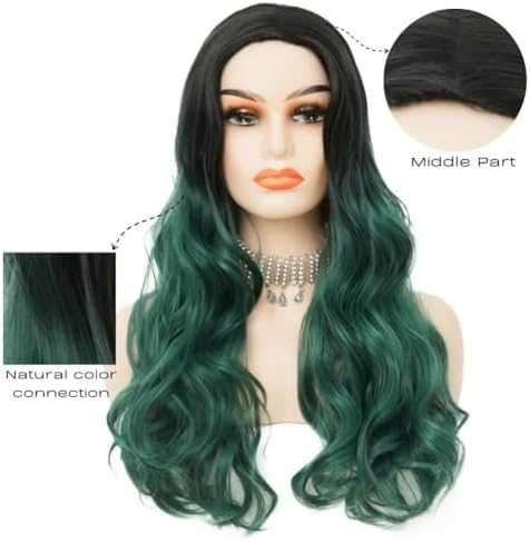 Нова Естествено изглеждаща дълга вълниста перука в черно и зелено коса