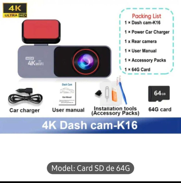Camera auto video 4k,Wifi,card sd 64 Gb,cititor de card,cheie sim,Noua
