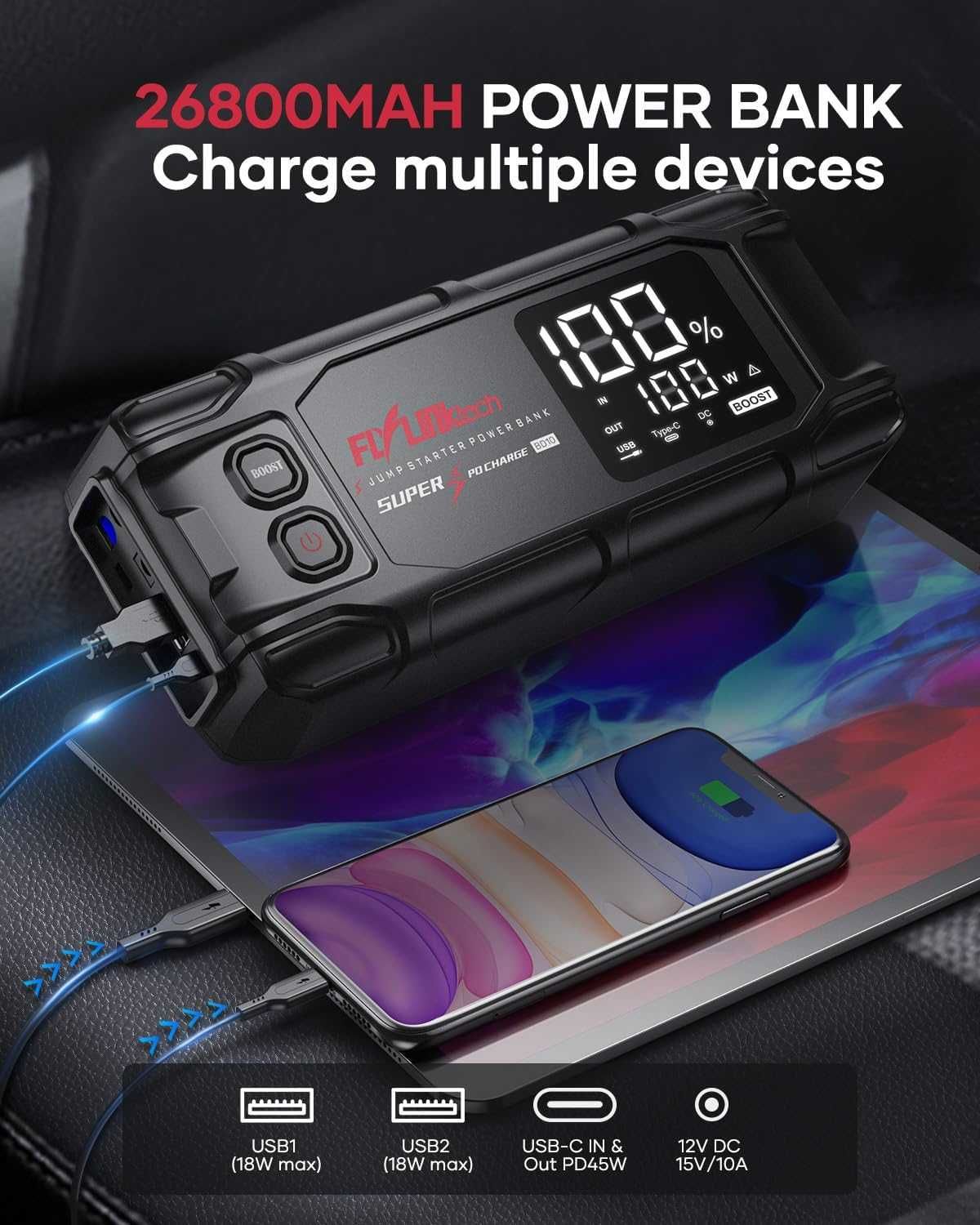 ЧИСТО НОВ джъмп стартер FLYLINKTECH BD10 - 6000A / 26800mAh с 2 USB...