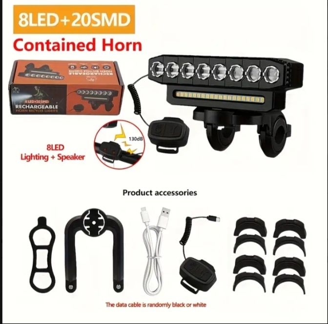 Far bicicletă 8LED + 20SMD cu claxon integrat 130dB – reîncărcabi