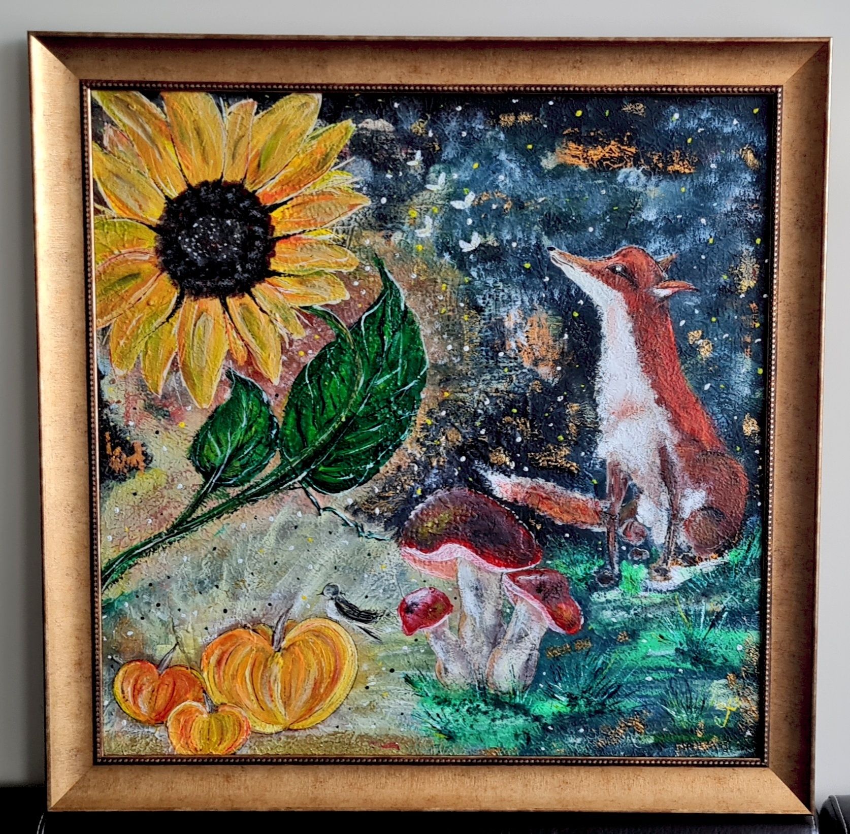 Рисувана авторска картина ,,Слънчоглед и лисица"