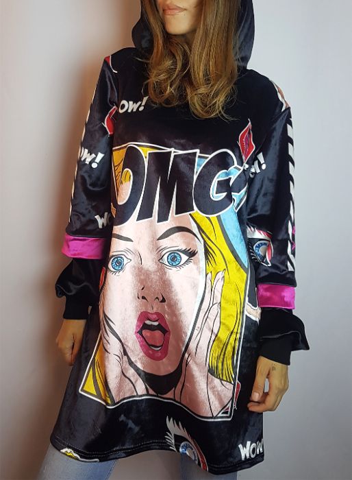 Hanorac Colorat Lung\ , Rochie cu gluga, din catifea, imprimeu desene